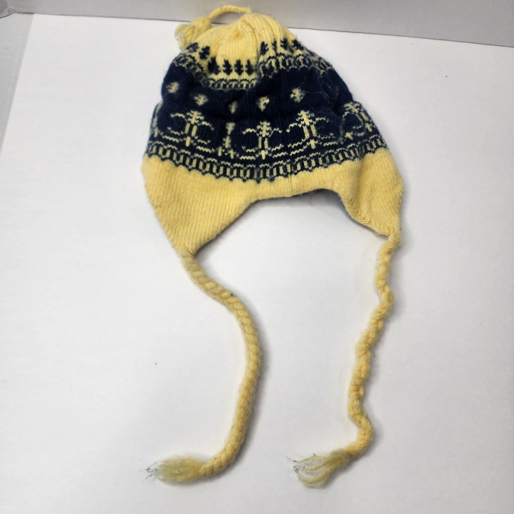 Vermont Originals Winter Knit Hat Beanie Wool W Ear Flaps yellow/blue Anti Itch